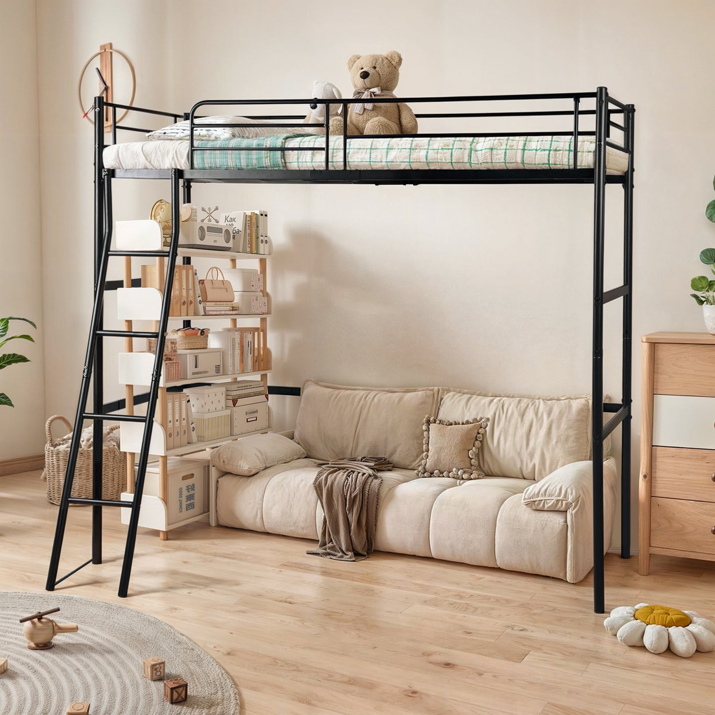 Loft Metal Bed Frame with Integrated Ladder Black-WALDO