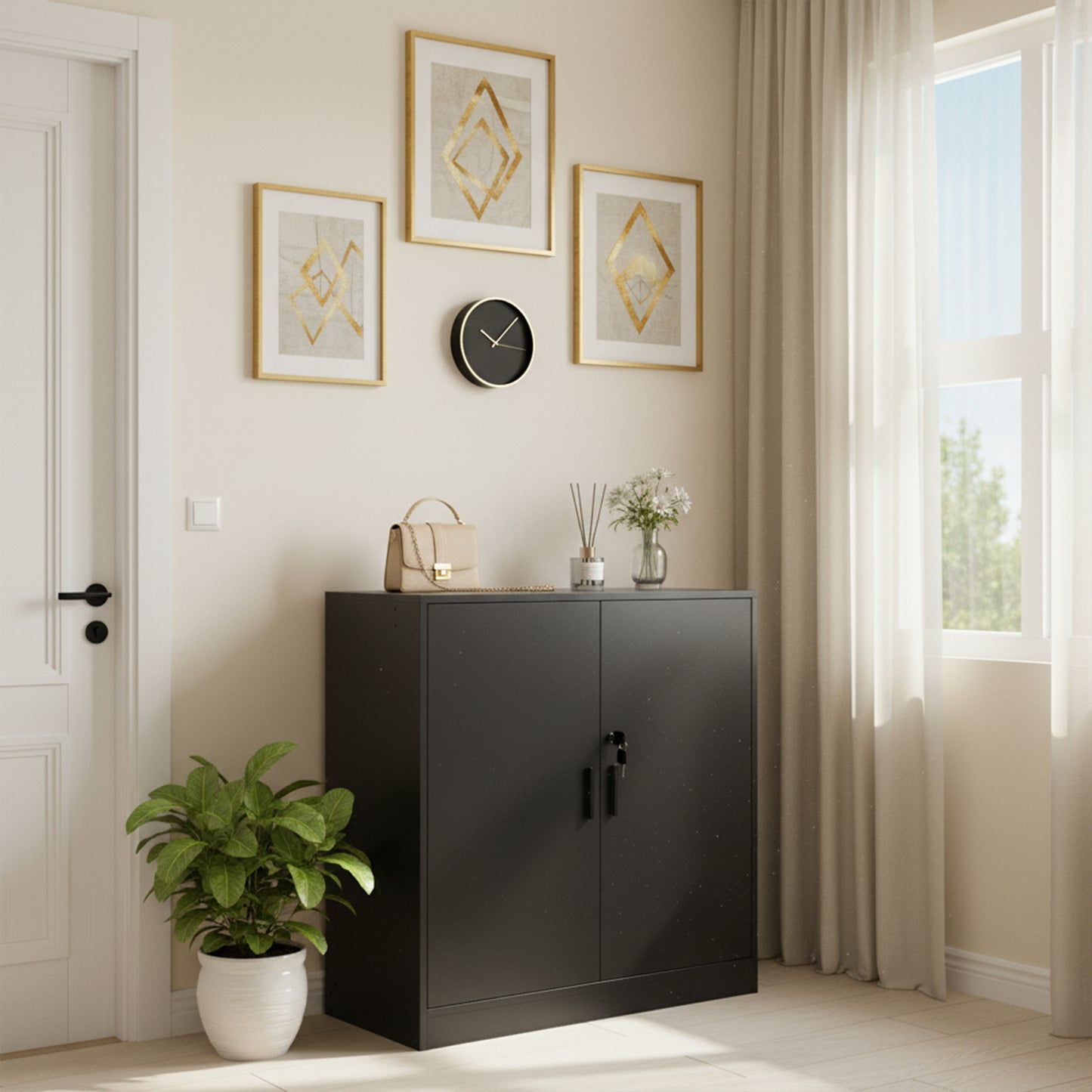 ZAPATA Double-Door, Double-Layer Storage Locker with Lock - Black