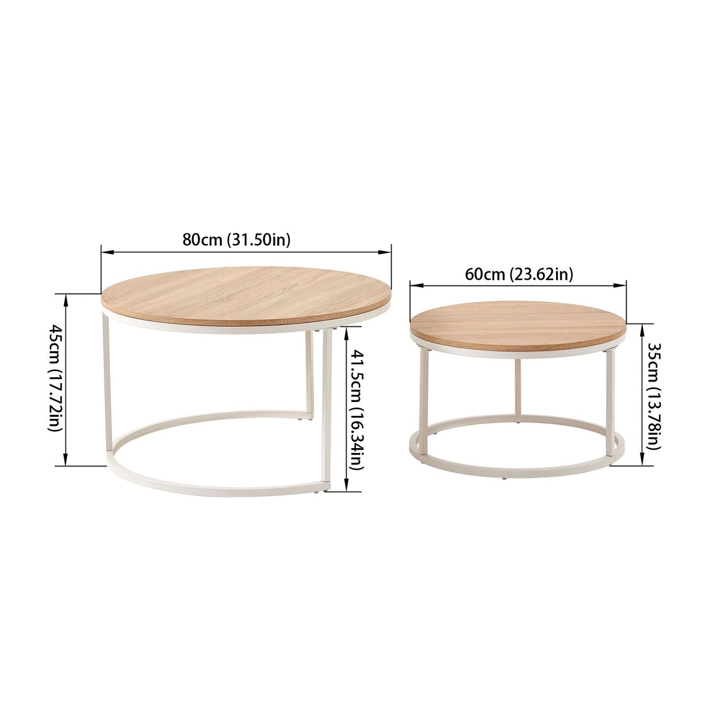 CARB Set of 2 Iron Frame Coffee Tables - Oak Φ80 * 45cm / Φ60 * 35cm - Light Brown