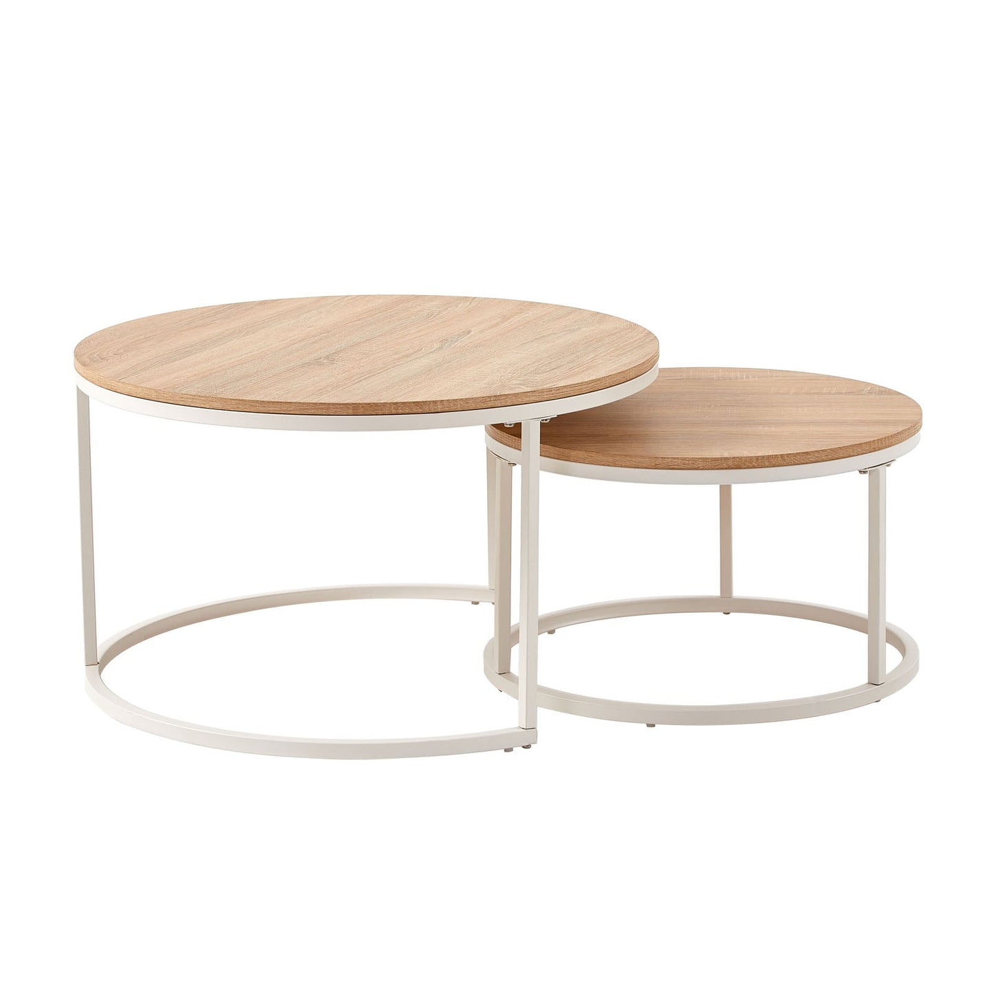 CARB Set of 2 Iron Frame Coffee Tables - Oak Φ80 * 45cm / Φ60 * 35cm - Light Brown