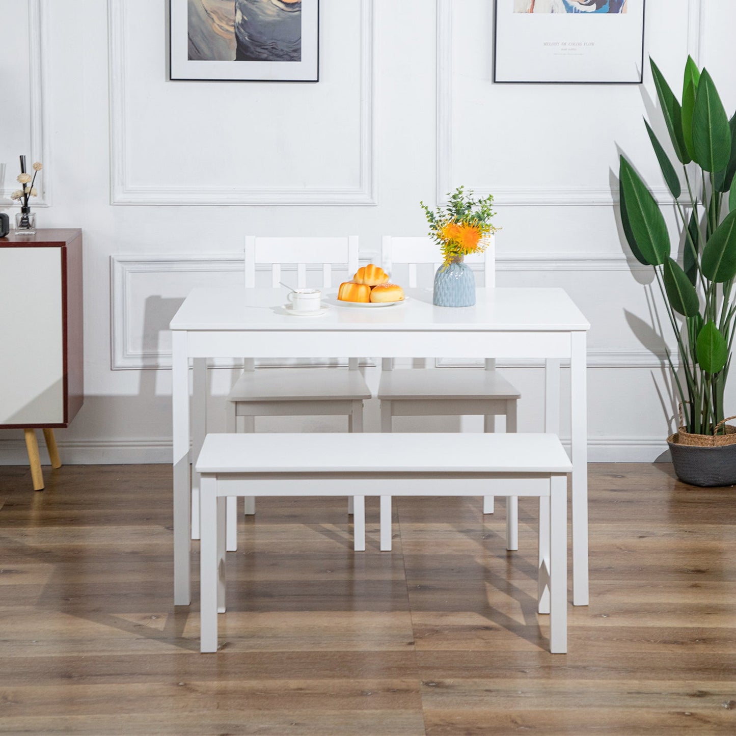 LEAN Dining Table with 2 Chairs and 1 Bench Set 108*65*73CM - White