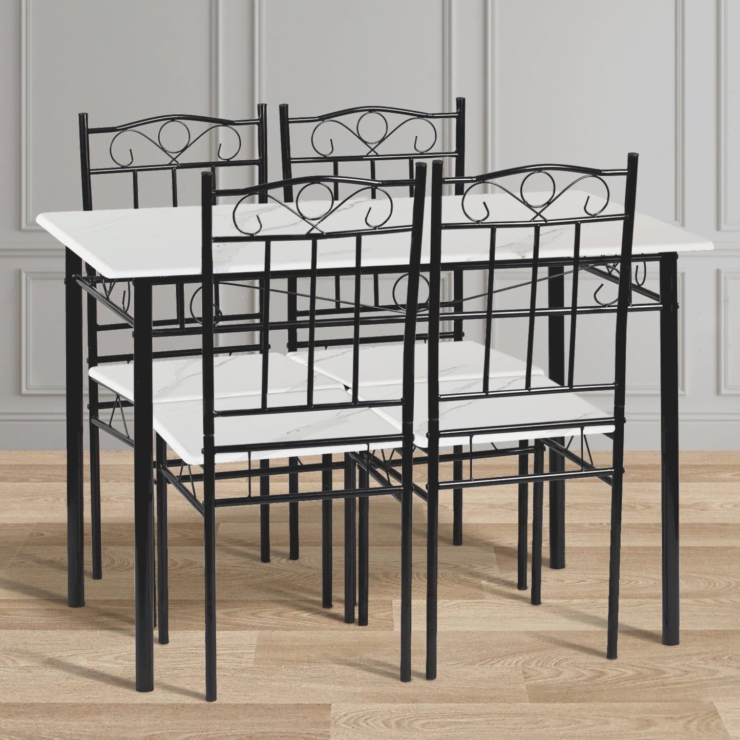 NORSEMAN Marbling Dining Table with 4 Chairs Set - 109*69*75cm - White/Black/Light Brown