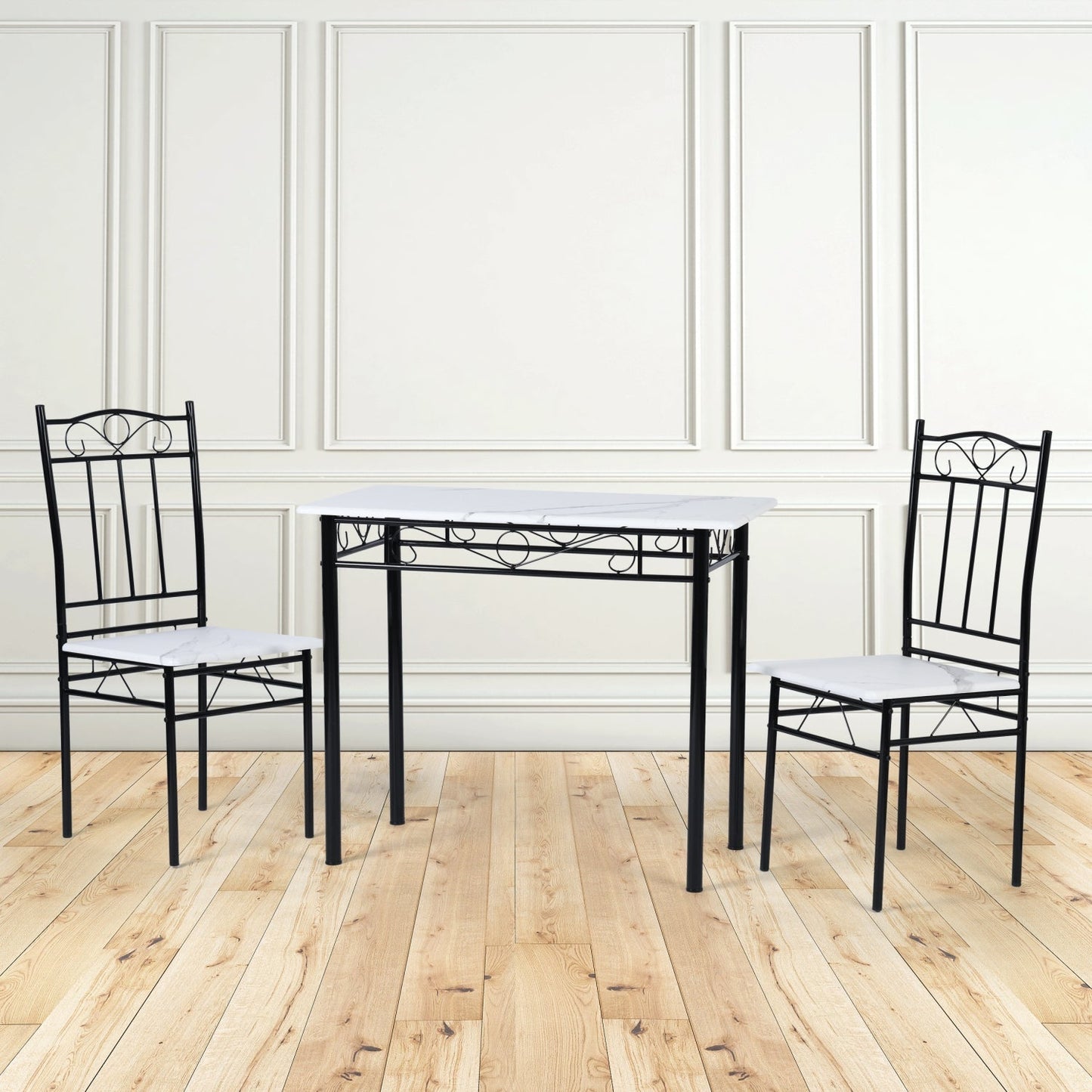 NORSEMAN Marbling Dining Table with 2 Chairs Set - 90*48*75cm - White/Black