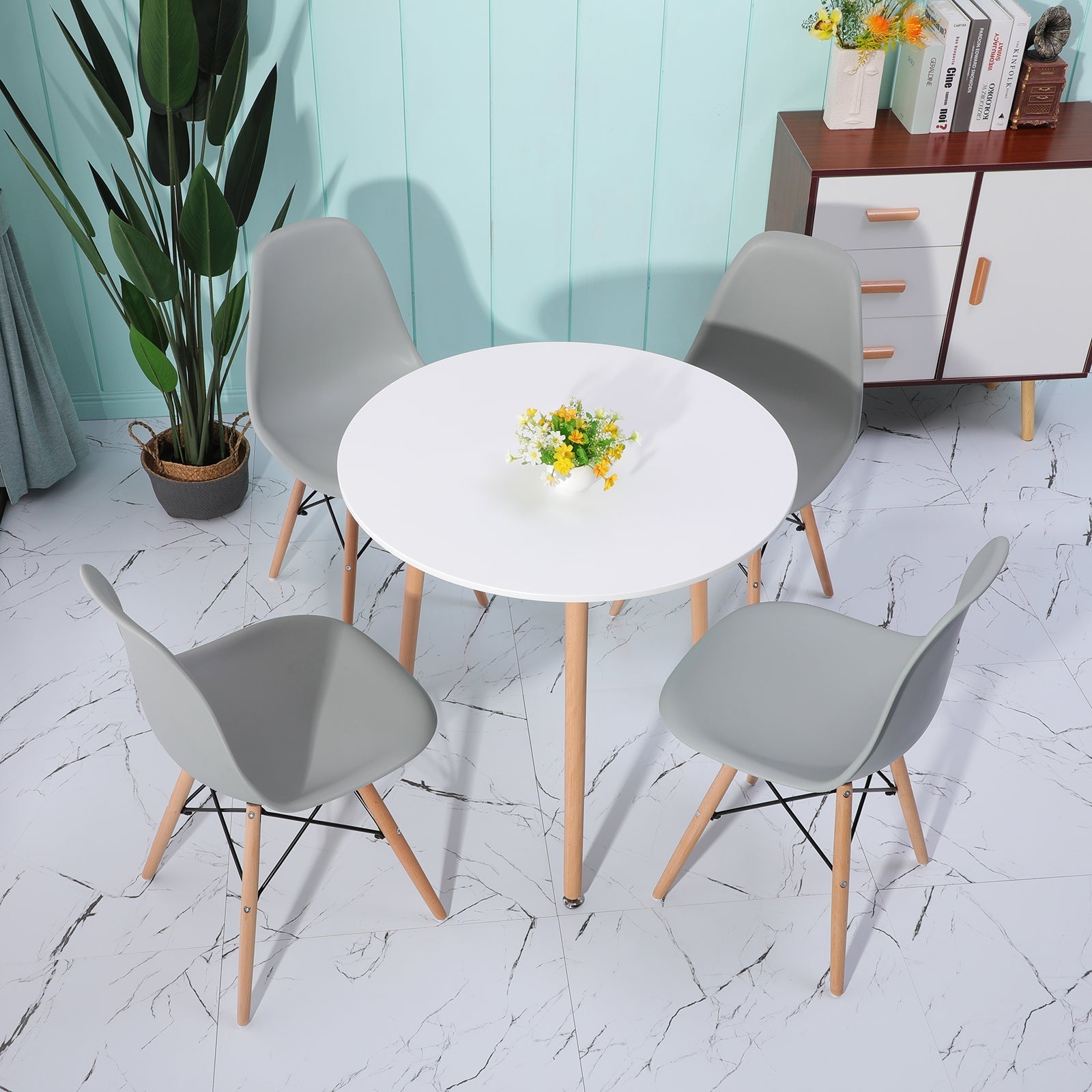 PEA Round MDF Dining Tables with 3 beech legs 80*80*74 cm - White