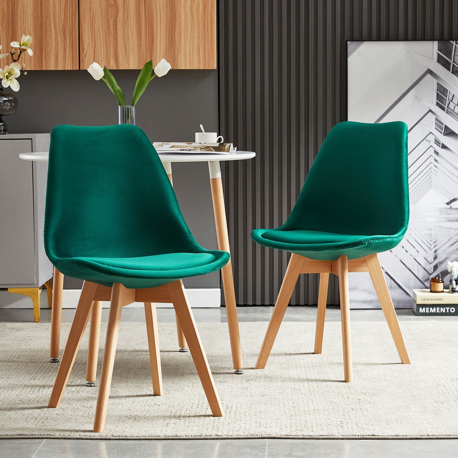 TULIP Velvet Dining Chairs with Beech Legs Scandinavian design Upholstered Chair - Pink/Green