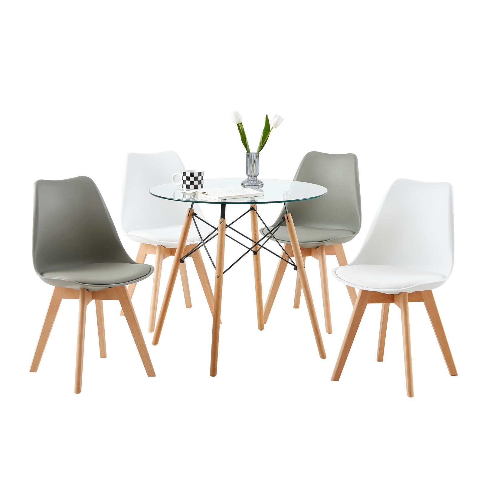 TULIP PP Dining Chairs with Beech Leg Scandinavian design Upholstered Chair - White and grey