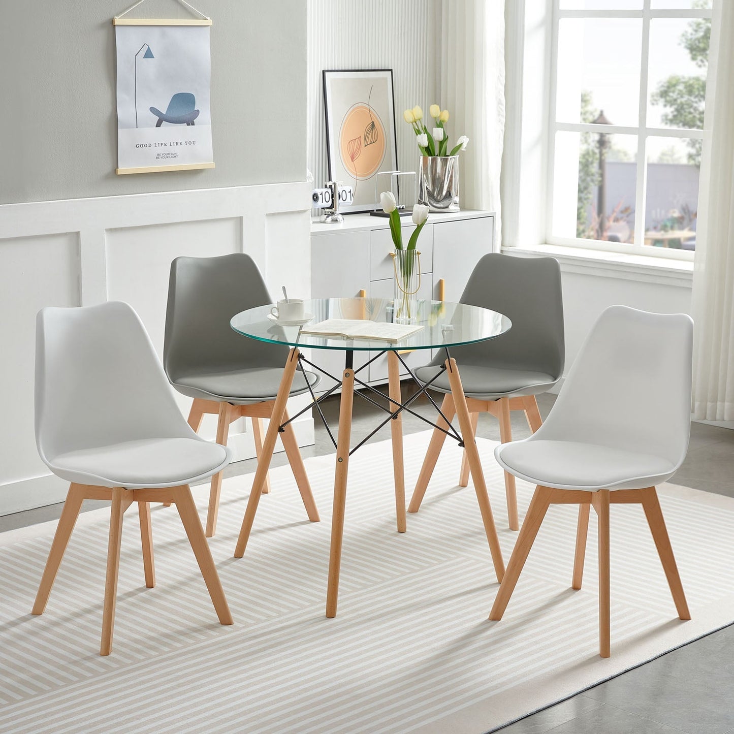 TULIP PP Dining Chairs with Beech Leg Scandinavian design Upholstered Chair - White and grey