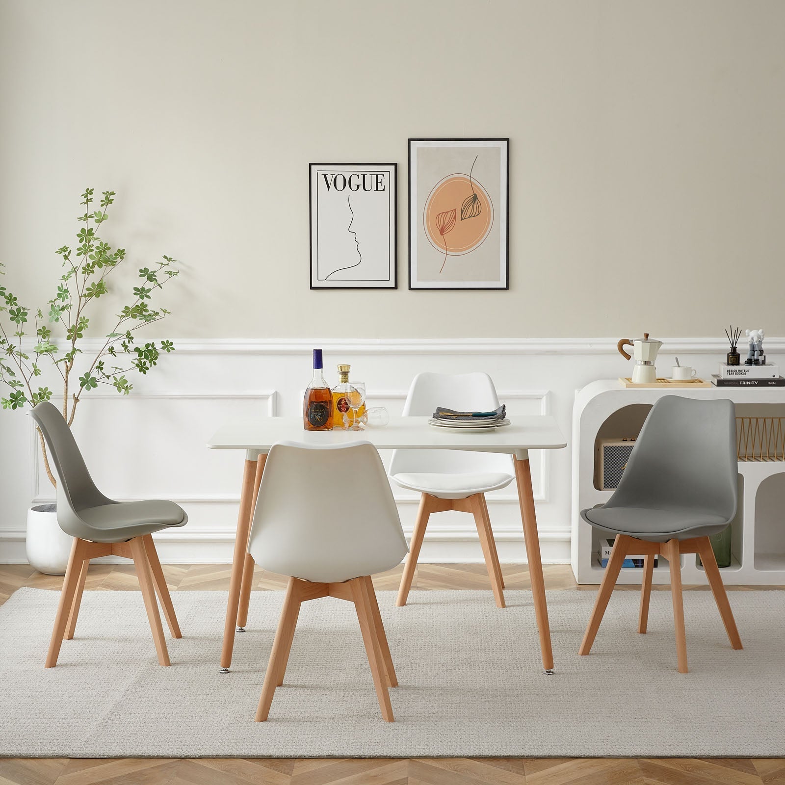 TULIP PP Dining Chairs with Beech Leg Scandinavian design Upholstered Chair - White and grey