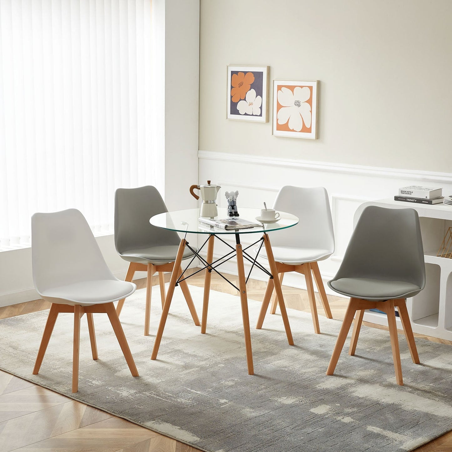 TULIP PP Dining Chairs with Beech Leg Scandinavian design Upholstered Chair - White and grey