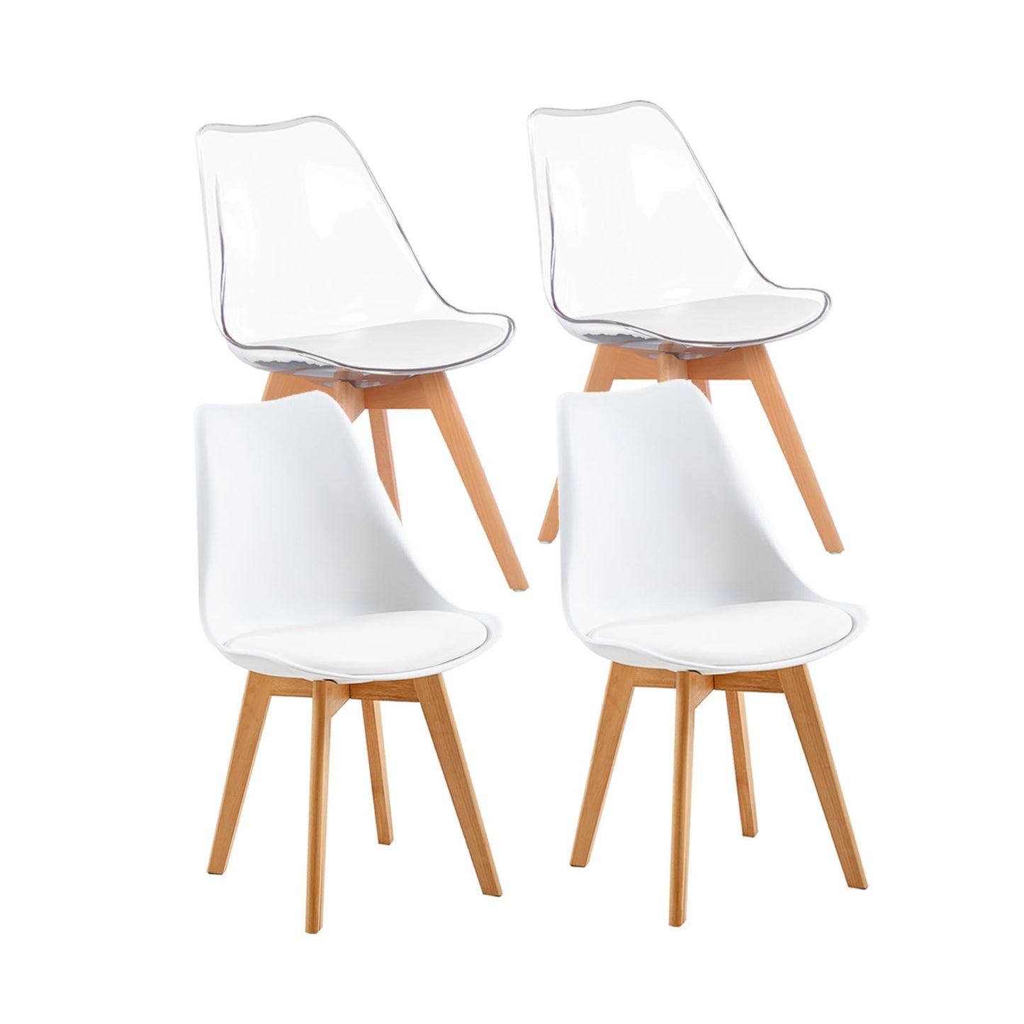 TULIP PP Dining Chairs with Beech Legs Scandinavian design Upholstered Chairs - White and Transparent