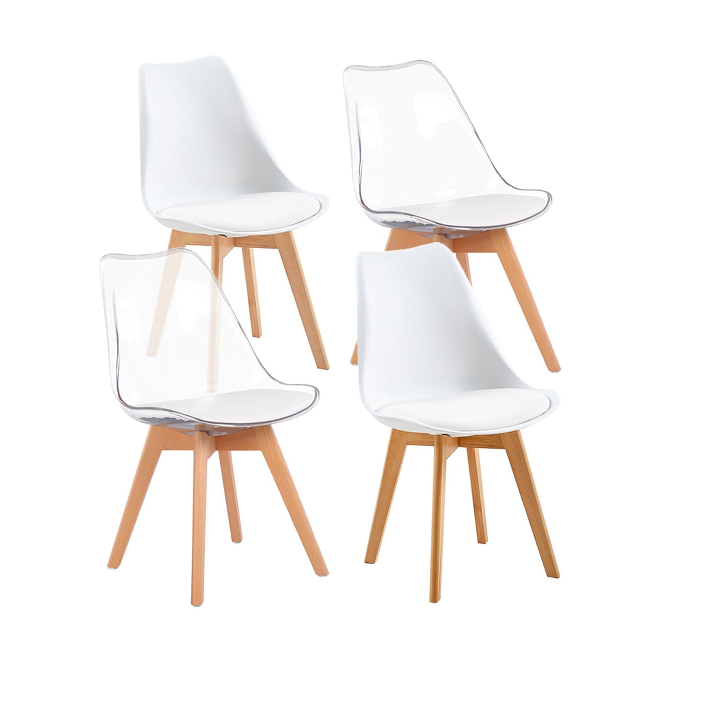 TULIP PP Dining Chairs with Beech Legs Scandinavian design Upholstered Chairs - White and Transparent