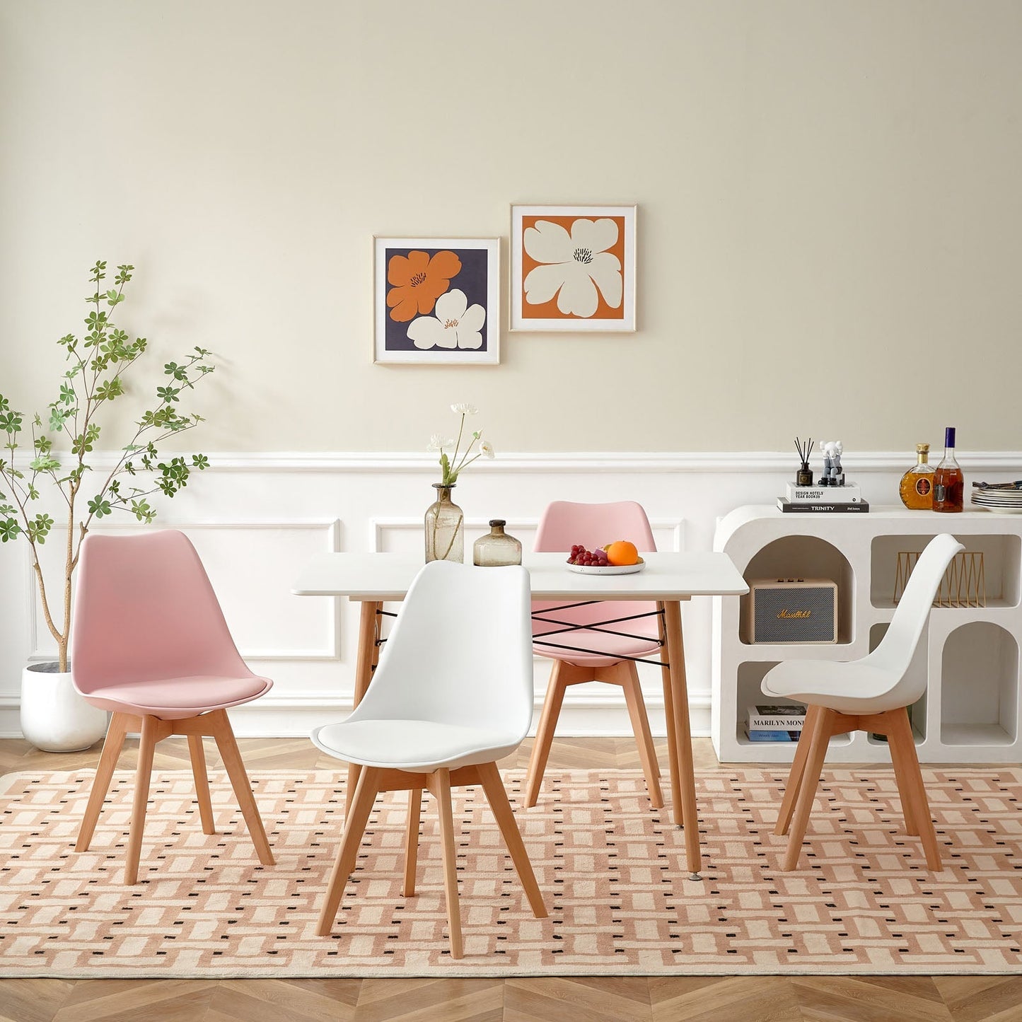 TULIP PP Dining Chairs with Beech Leg Scandinavian design Kitchen Chairs - White and pink