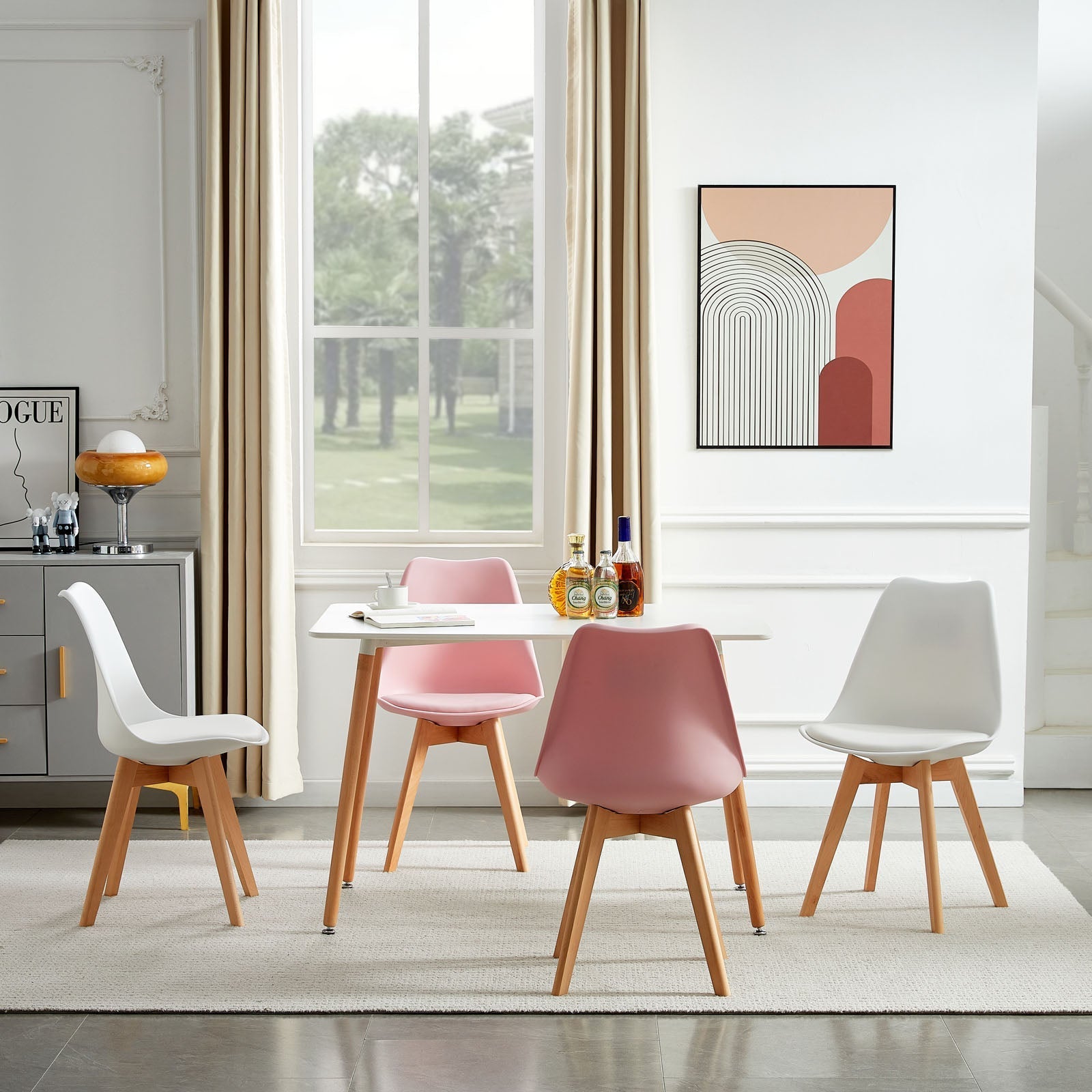 TULIP PP Dining Chairs with Beech Leg Scandinavian design Kitchen Chairs - White and pink