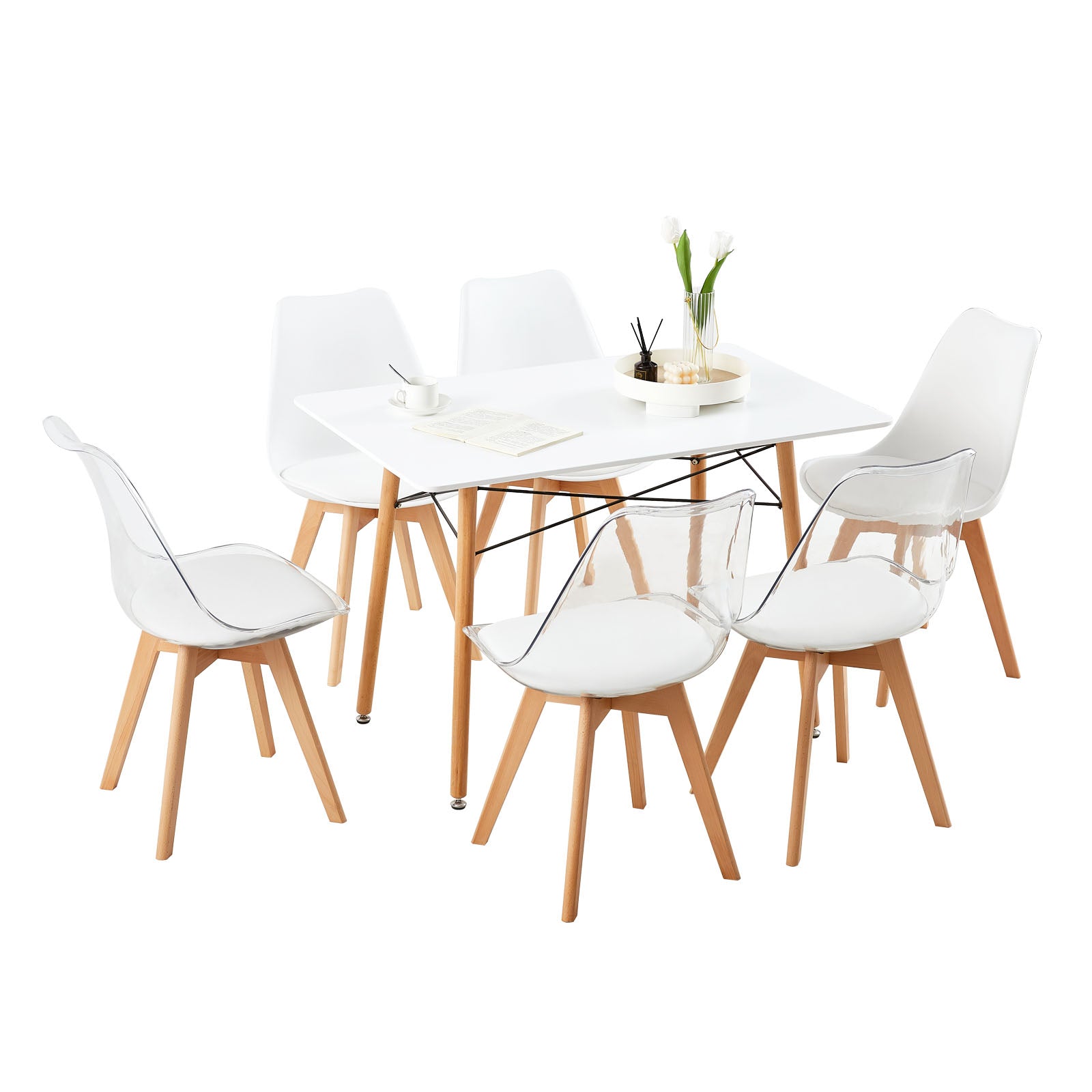 TULIP PP Dining Chairs with Beech Legs Scandinavian design Upholstered Chairs - White and Transparent