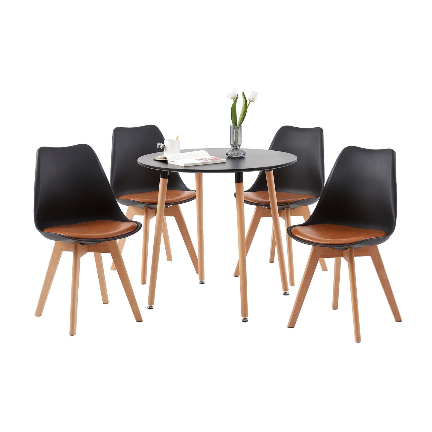 TULIP PP Dining Chairs Retro Design Upholstered Chair with Beech Legs  - Brown
