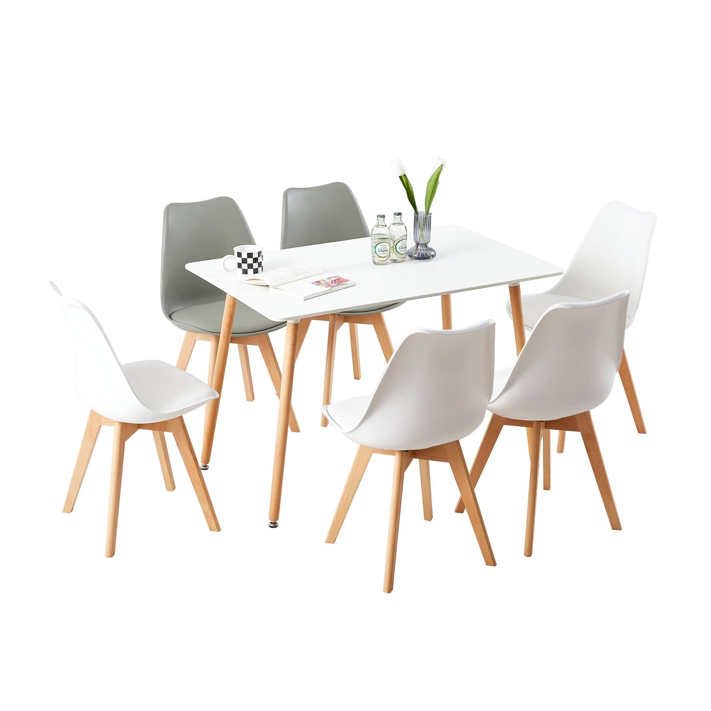 TULIP PP Dining Chairs with Beech Leg Scandinavian design Upholstered Chair - White and grey