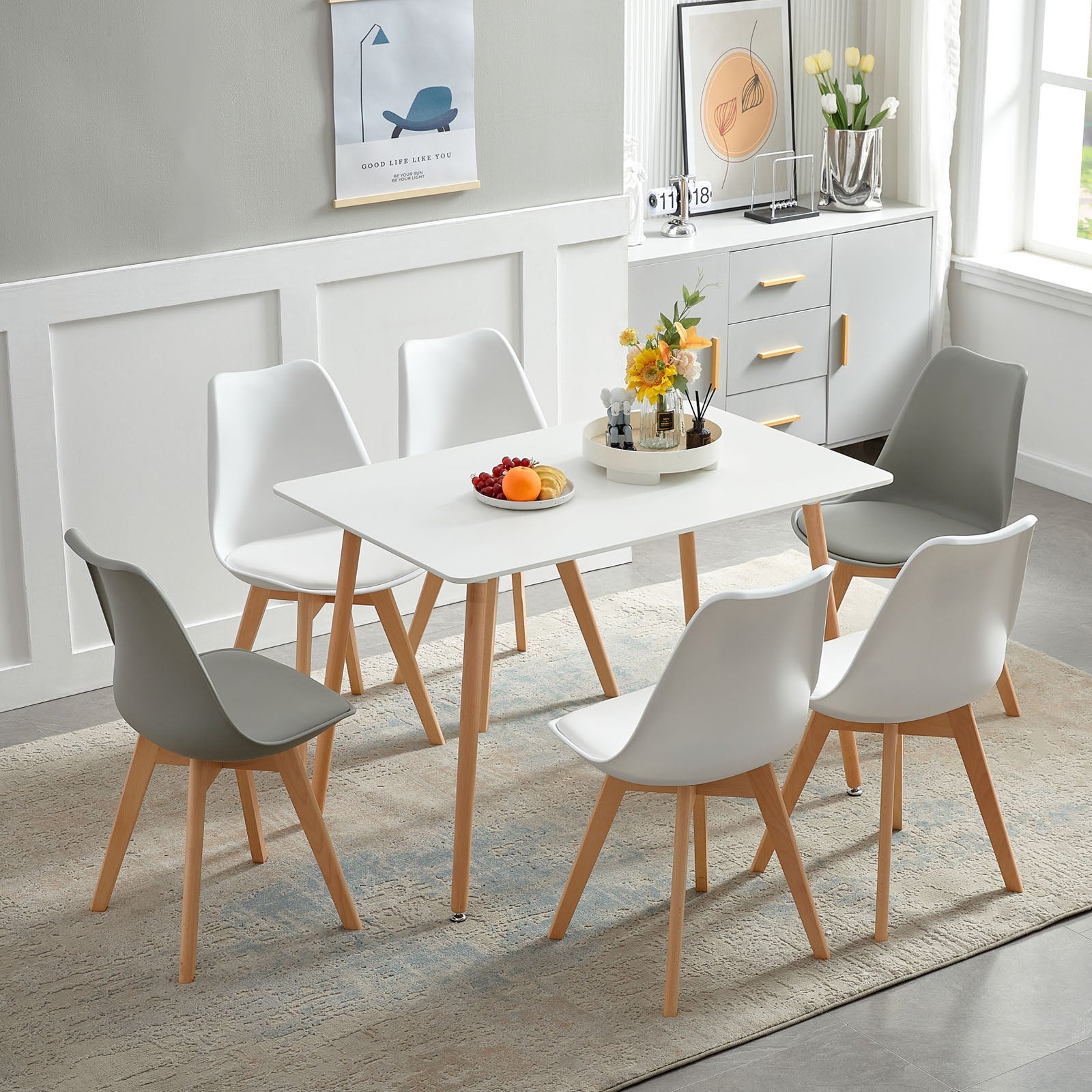 TULIP PP Dining Chairs with Beech Leg Scandinavian design Upholstered Chair - White and grey