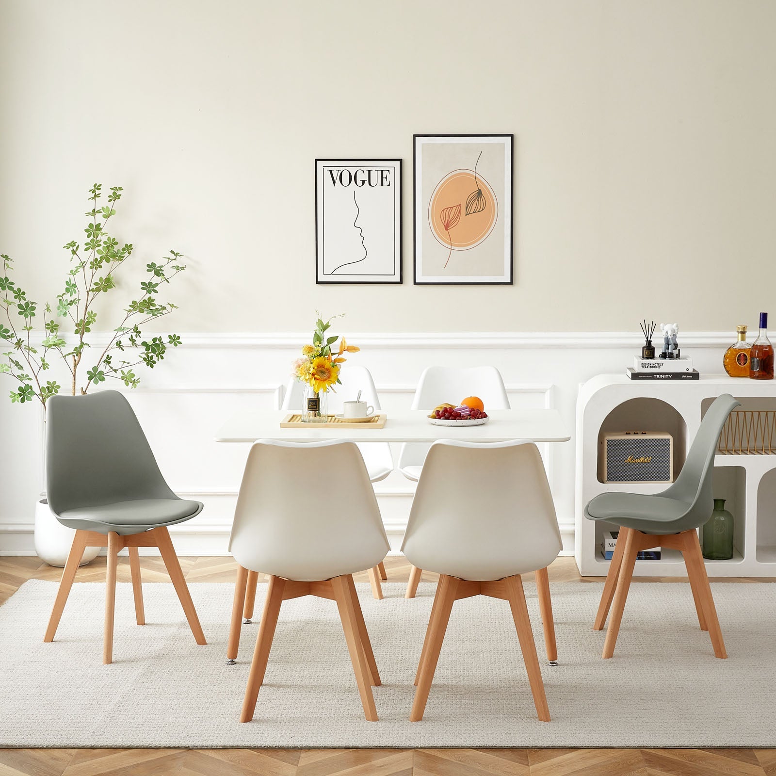 TULIP PP Dining Chairs with Beech Leg Scandinavian design Upholstered Chair - White and grey
