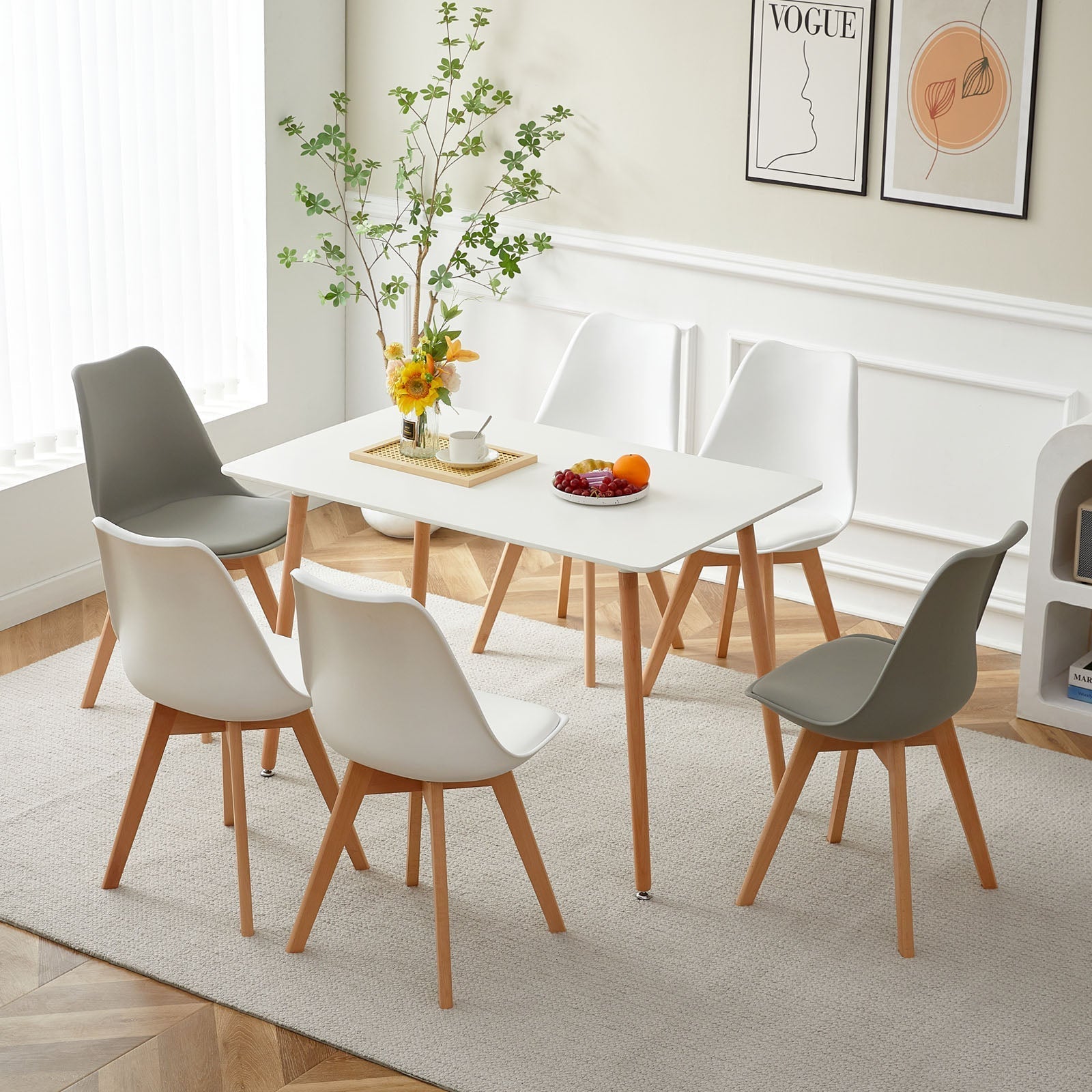 TULIP PP Dining Chairs with Beech Leg Scandinavian design Upholstered Chair - White and grey