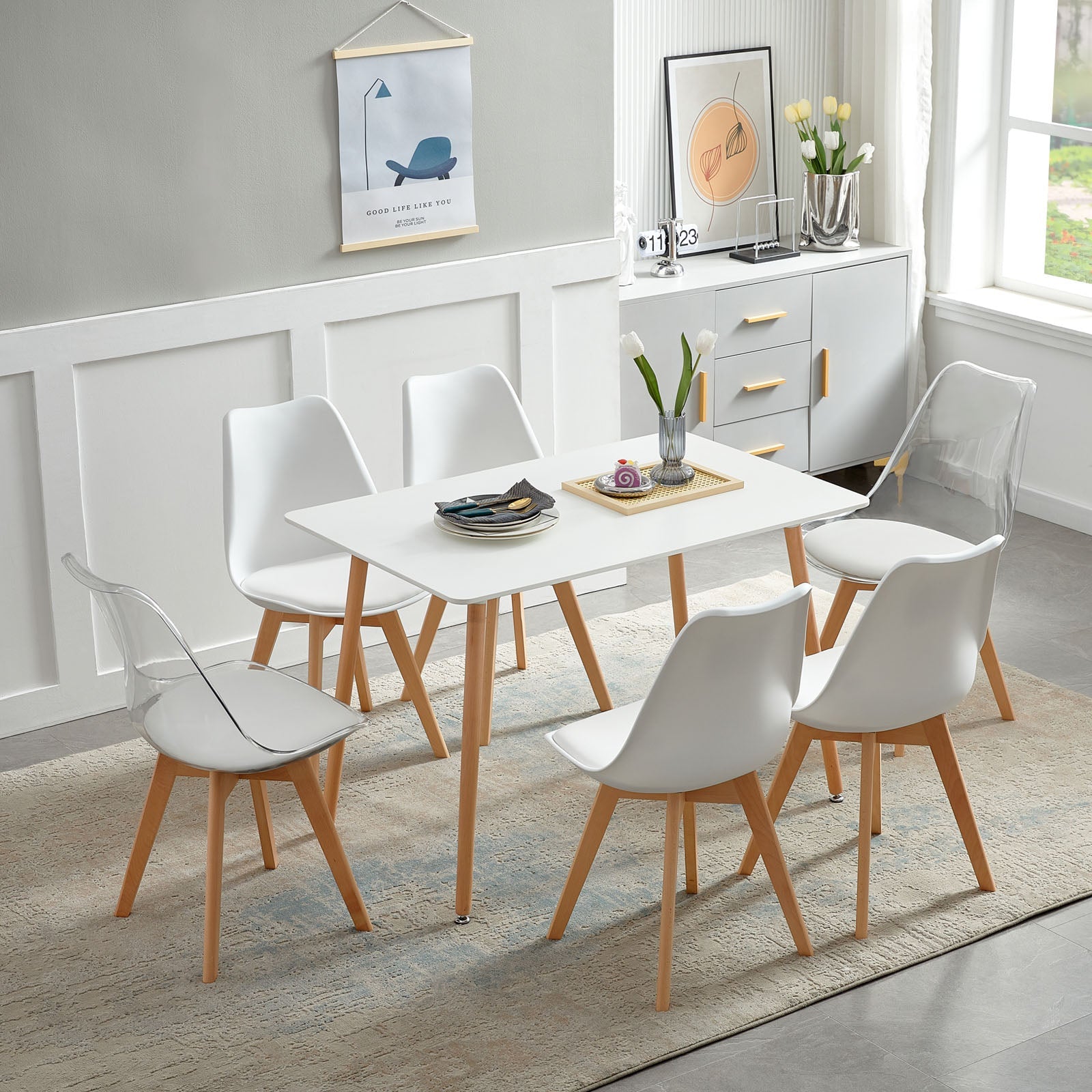 TULIP PP Dining Chairs with Beech Legs Scandinavian design Upholstered Chairs - White and Transparent
